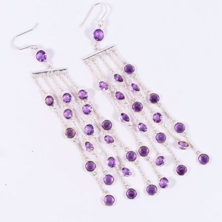 Handmade 925 Sterling Silver Long Chain Dangle Earrings with Amethyst